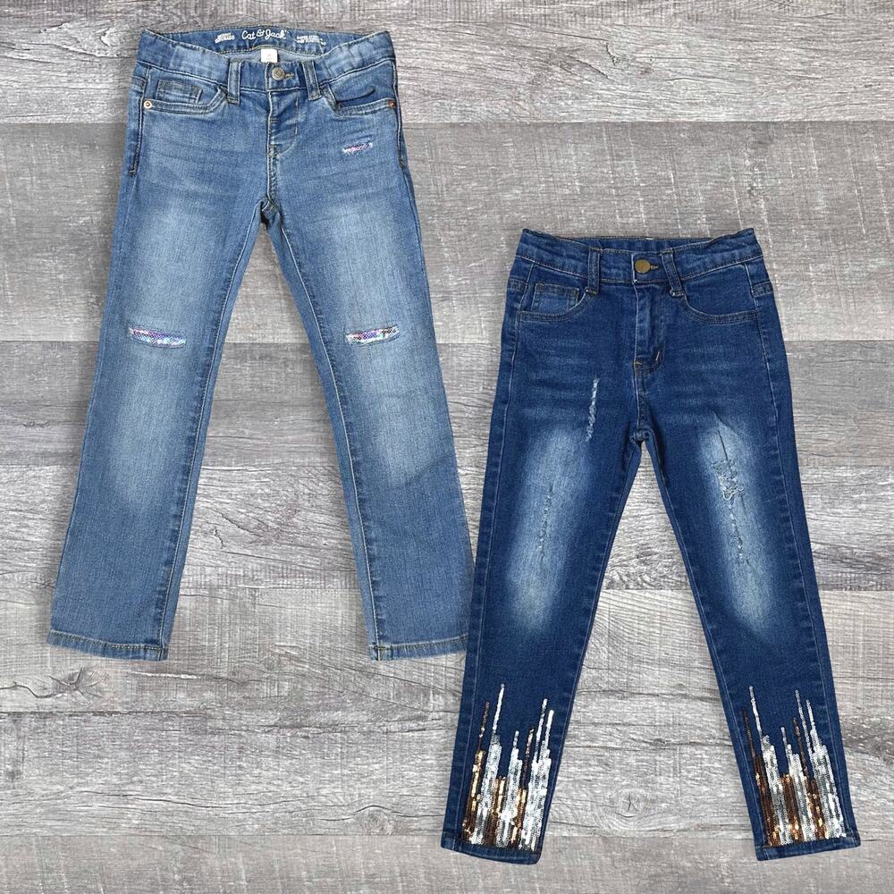 Girls Sequin Bling Skinny Jean Bundle (2) Size 5 Dark & Light Denim Adjustable